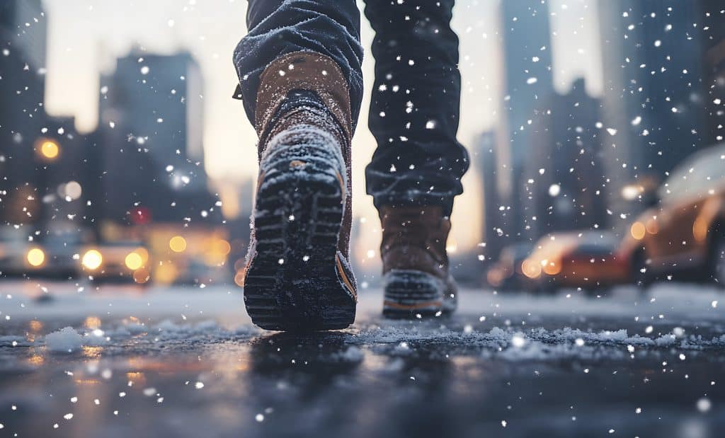 Primo piano di stivali invernali che camminano su una strada innevata in città, con fiocchi di neve che cadono e luci sfocate sullo sfondo
