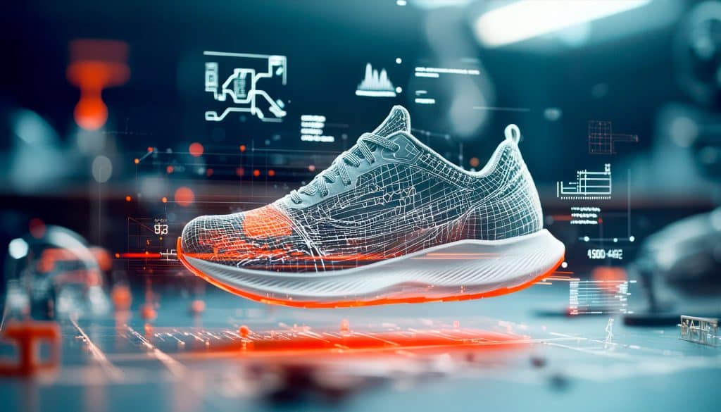Scarpa sportiva con visualizzazione digitale di tecnologie brevettate e componenti tecnici, rappresentata in un ambiente futuristico con grafici e dati tecnici in sovrimpressione